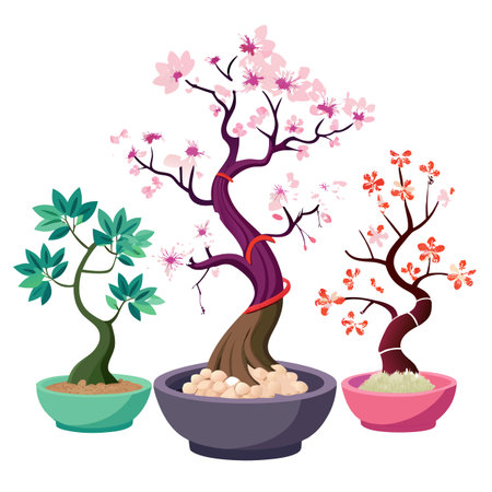 Elegant Collection of Cartoon Bonsai Trees in Pots with Flowers and Green Leavesのイラスト素材