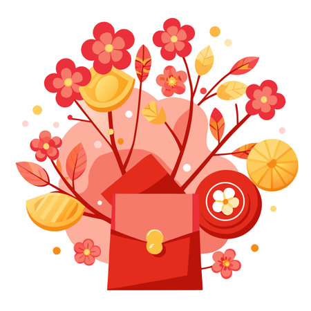 Chinese New Year Red Envelope with Flowers and Ornaments Illustrationのイラスト素材