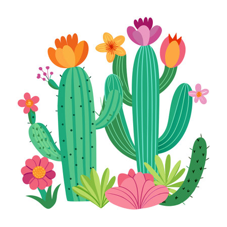 Colorful Cactus Illustration with Flowers: Desert Plants for Graphic Designのイラスト素材