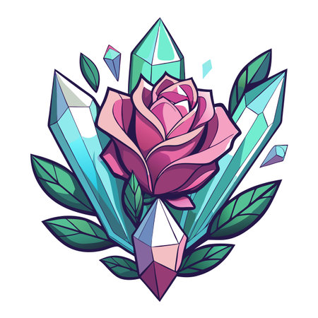 Pink Rose Surrounded by Colorful Crystals and Green Leaves Cartoon Illustrationのイラスト素材
