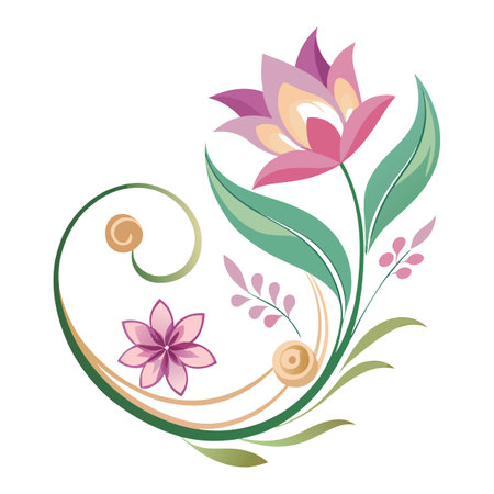 Elegant Floral Swirl Illustration with Pink and Green Accents on White Backgroundのイラスト素材