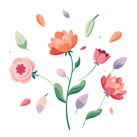 Elegant Floral Arrangement of Peonies, Leaves, and Petals on White Backgroundのイラスト素材