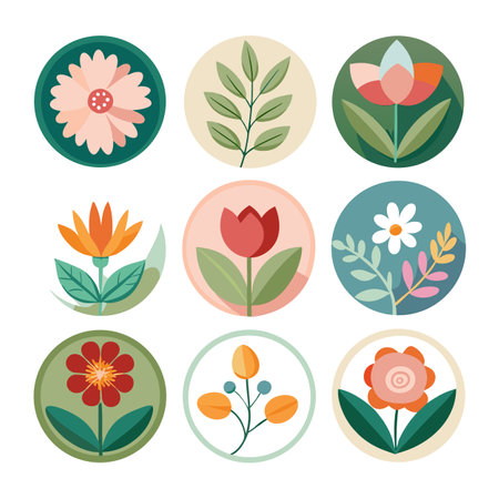 Floral Icon Set: Retro Flower Badges and Emblems, Botanical and Nature Designsのイラスト素材