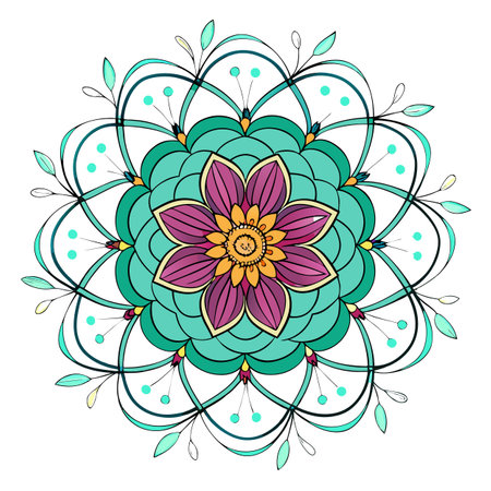 Vibrant Flower Mandala Illustration in Teal, Purple, and Gold with Leafy Accentsのイラスト素材