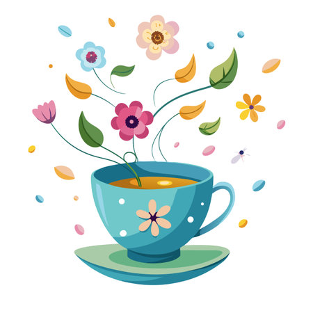 Floral Tea Cup Vector Illustration: Colorful Flowers Blossoming From a Blue Cupのイラスト素材
