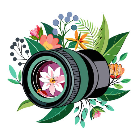 Floral Camera Lens: Photography and Nature Illustration for Creative Projectsのイラスト素材