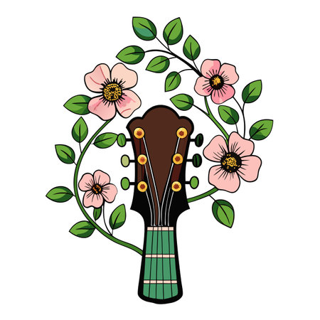 Guitar Headstock with Pink Flowers and Green Leaves Illustrationのイラスト素材