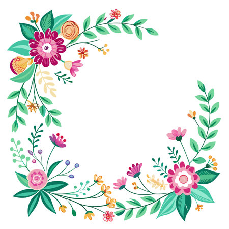 Floral Half-Circle Frame: Colorful Flowers and Leaves Design for Invitations and Greetingsのイラスト素材