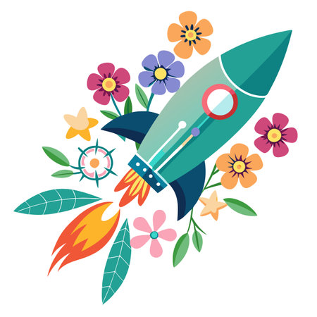 Rocket ship flying with flowers, vector illustration for print design and webのイラスト素材