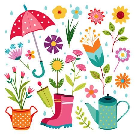 Colorful Spring Flowers and Garden Objects Illustration in the Rain, Vector Artのイラスト素材