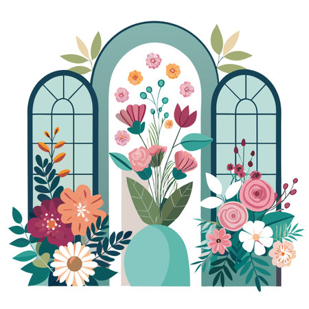 Elegant Floral Arrangement in Teal Vase with Arched Windows, Vector Illustrationのイラスト素材