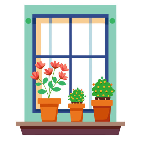 Potted Plants on a Windowsill: Indoor Gardening, Home Decor Illustrationのイラスト素材