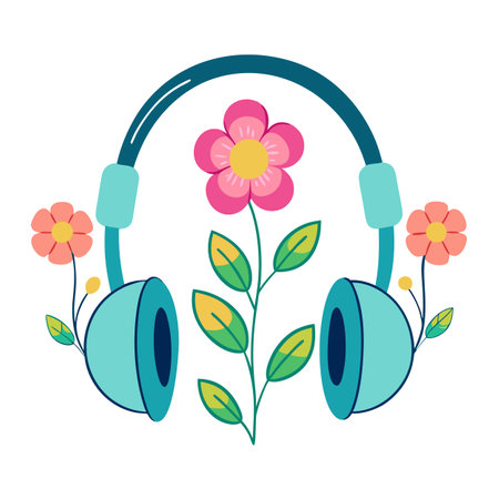 Headphones with Flowers Illustration: Music and Nature, Vector Designのイラスト素材