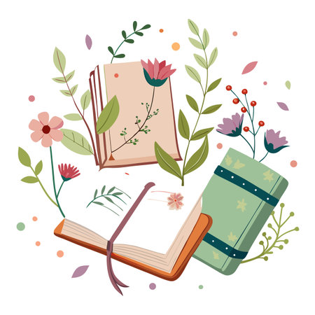 Whimsical Books and Botanical Illustration: A Charming Composition for Creative Projectsのイラスト素材