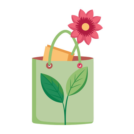 Green Eco Bag with Flower - Sustainable Shopping Illustration, Botanical Designのイラスト素材