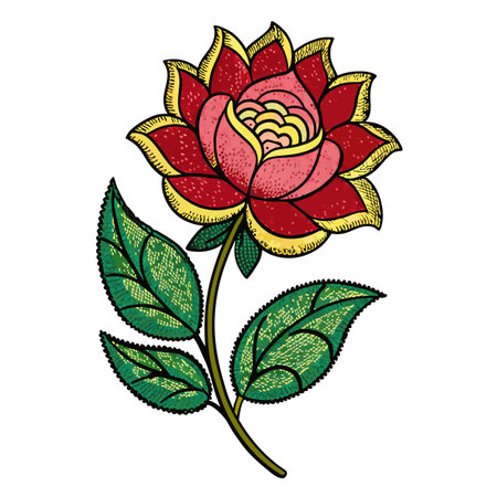 Hand-Drawn Red and Pink Rose Flower Illustration with Green Leavesのイラスト素材