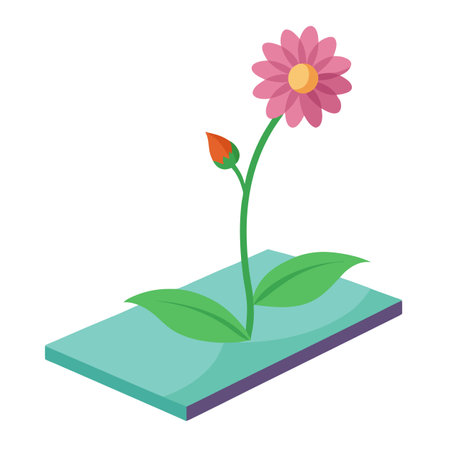 Isometric Pink Flower with Bud Growing from a Platform, Isolated on Whiteのイラスト素材