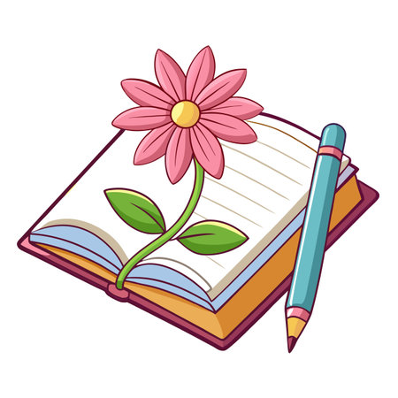 Cute Pink Flower Growing From A Book With A Pencil Illustrationのイラスト素材