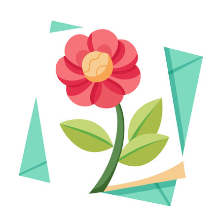 Abstract Pink Flower Illustration with Green Leaves and Geometric Shapes on Whiteのイラスト素材