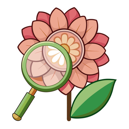 Cartoon Flower Under Investigation: Magnifying Glass on Floral Icon Illustrationのイラスト素材
