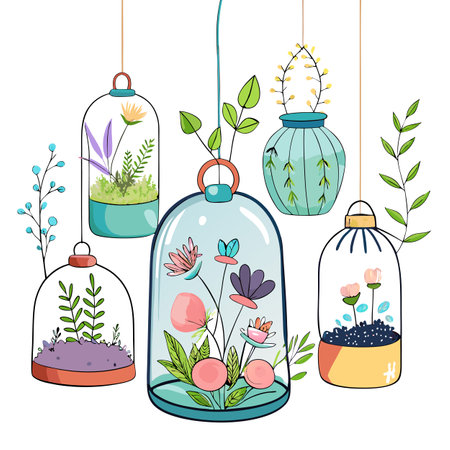 Hanging Terrariums Illustration with Plants and Flowers in Dome-Shaped Glass Containersのイラスト素材