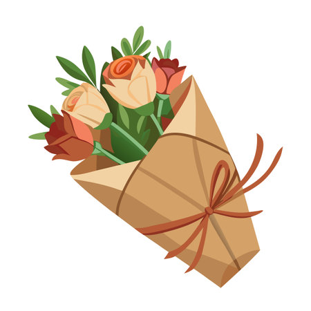 Elegant Flower Bouquet in Brown Paper Wrap with Ribbon, Cartoon Styleのイラスト素材