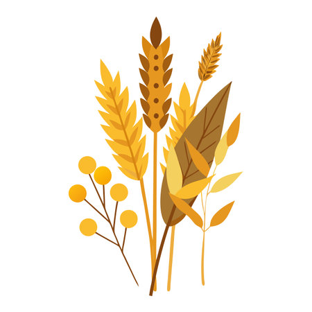 Autumnal Harvest: Wheat, Berries, and Foliage Decorative Illustration on White Backgroundのイラスト素材