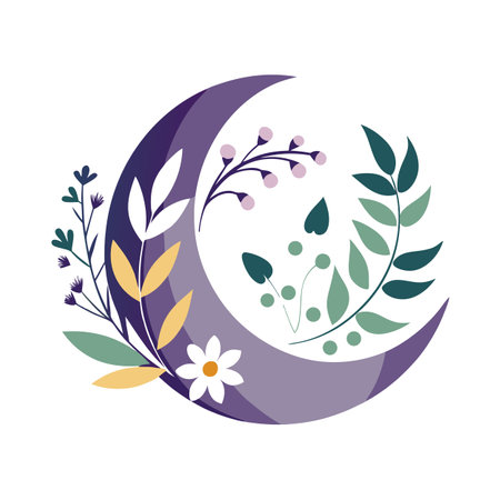 Purple Moon Floral Design: Elegant Crescent with Delicate Botanical Elementsのイラスト素材