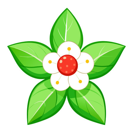 Cartoon Flower with Green Leaves and Red Center, Isolated on Whiteのイラスト素材