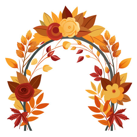 Autumn floral arch with colorful leaves and flowers, fall wedding decorのイラスト素材