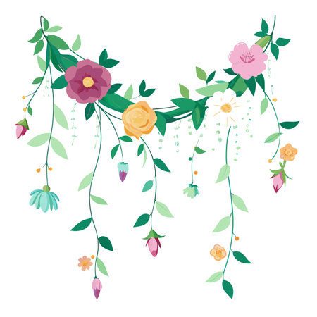 Elegant Floral Garland with Colorful Flowers and Green Leaves Illustrationのイラスト素材