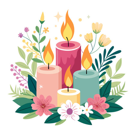 Floral Candles Illustration - Decorative Arrangement of Burning Candles with Flowers and Leavesのイラスト素材
