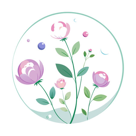 Elegant Pink Floral Arrangement in a Circular Frame: Artistic Botanical Illustrationのイラスト素材