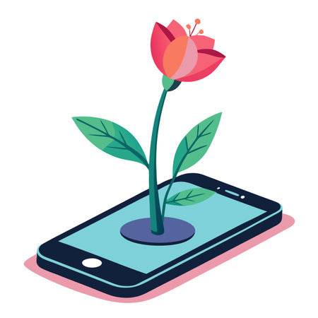 Growth in Technology: Flower Growing from Mobile Phone - Vector Illustrationのイラスト素材