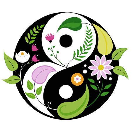 Yin Yang Symbol with Floral Elements: Balance, Harmony, and Nature Illustrationのイラスト素材