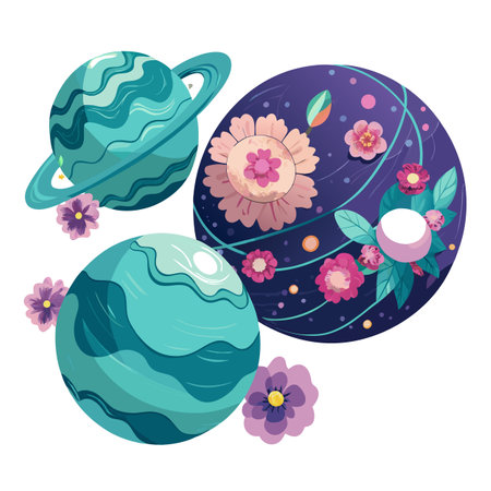 Floral Planets Cartoon Illustration: Space, Astronomy, Cosmos, and Nature Fusionのイラスト素材
