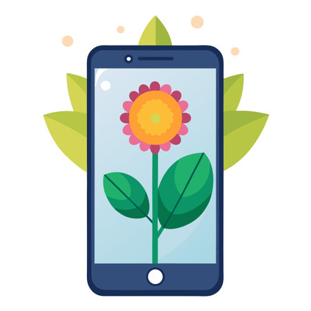 Flower on Mobile Phone Screen with Leaves, Illustration of Technology and Natureのイラスト素材