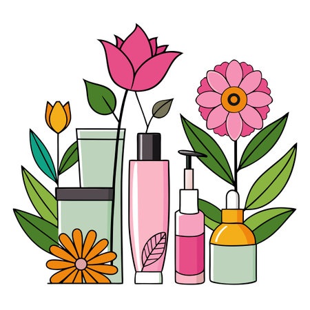 Floral Beauty: Natural Cosmetics and Skincare Product Illustration with Pink and Yellow Flowersのイラスト素材