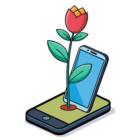 Digital Bloom: A Rose Growing From a Mobile Phone Deviceのイラスト素材
