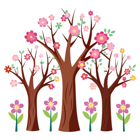 Spring Blossoms Trees Illustration with Flowers and Leaves on White Backgroundのイラスト素材