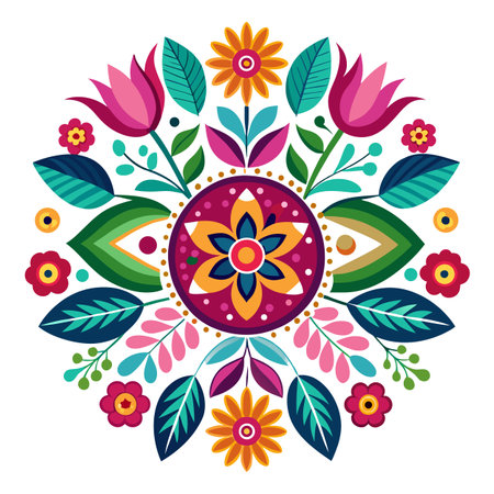 Colorful Floral Mandala Illustration: Folk Art Style with Flower and Leaf Elementsのイラスト素材