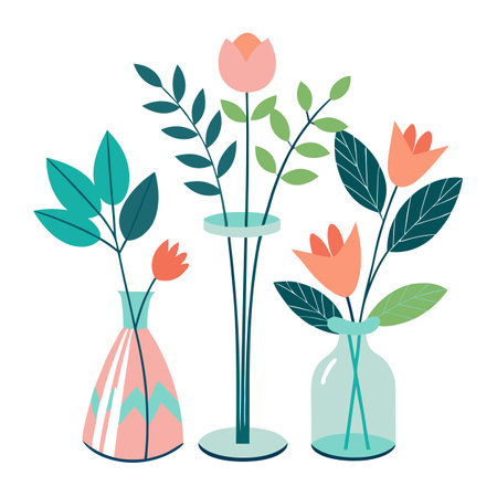 Stylized Floral Still Life: Flowers in Vases with Pastel Paletteのイラスト素材