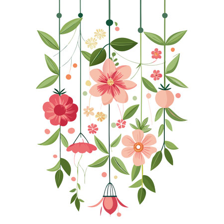 Floral Hanging Garland Illustration: Pink Flowers and Green Leaves, White Backgroundのイラスト素材
