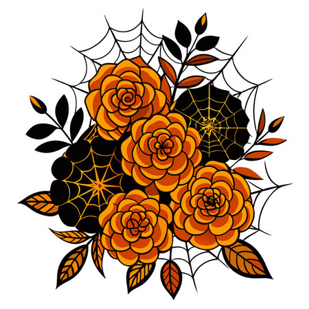 Halloween Flower Arrangement with Orange Roses, Leaves, and Cobwebs Illustrationのイラスト素材
