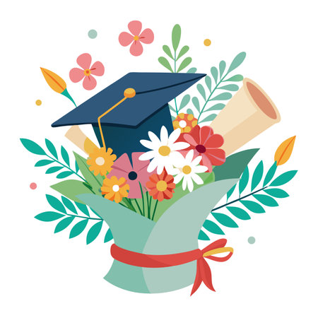 Graduation Bouquet with Flowers, Diploma, and Mortarboard Illustrationのイラスト素材