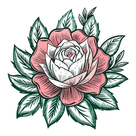 Hand-Drawn Pink and White Rose with Green Leaves Illustrationのイラスト素材
