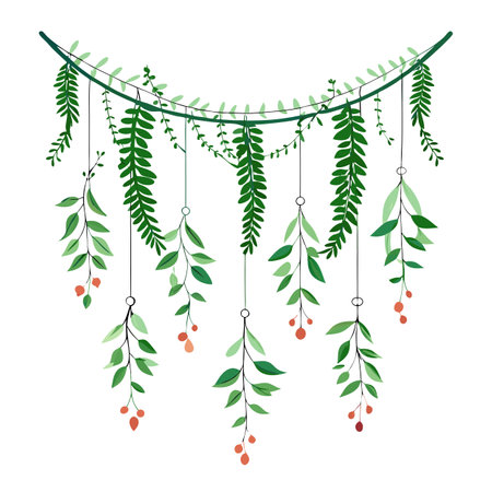 Botanical Garland: Green Foliage and Berries on Stringのイラスト素材