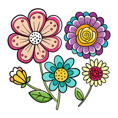 Colorful Doodle Flowers Vector Illustration Isolated on White Backgroundのイラスト素材