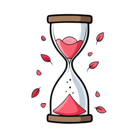 Stylized Hourglass with Red Sand and Floating Leaves, Minimalist Design