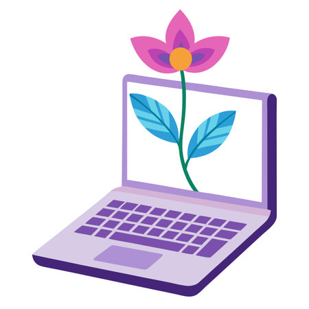 Laptop with Floral Illustration, Blooming Creativity and Technology Integration Conceptのイラスト素材